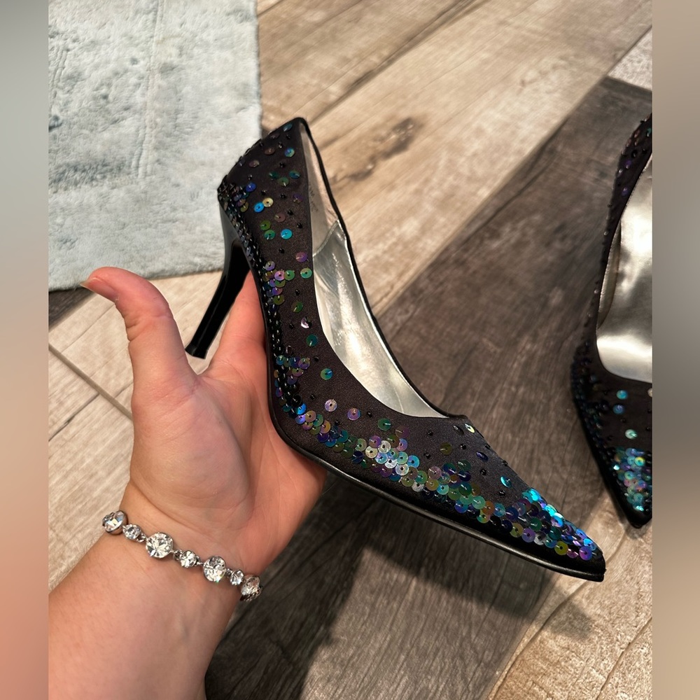 NWOT Rampage Gorgeous Black with Multicolor Sequin High Heel Pointed Shoes - Picture 5 of 17